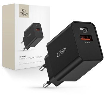 Tech-Protect NC30W lādētājs USB‑C PD 30W / USB‑A QC 3.0 – melns