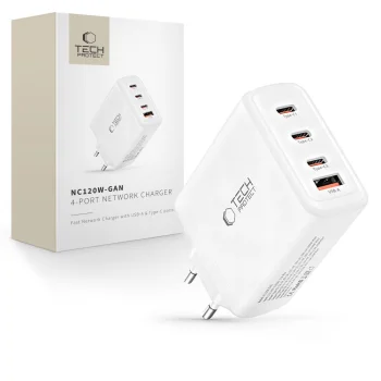 Tech-Protect NC120W-GAN 120W tīkla lādētājs, 4 pieslēgvietas, balts