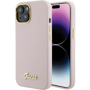 Guess iPhone 15 vāciņš Silicone Script Metal Logo & Frame, rozā
