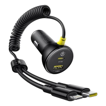 Baseus Circular 60W USB-A + USB-C automašīnas lādētājs ar iebūvētu Lightning + USB-C kabeli 1.4m - Melns | Phone...