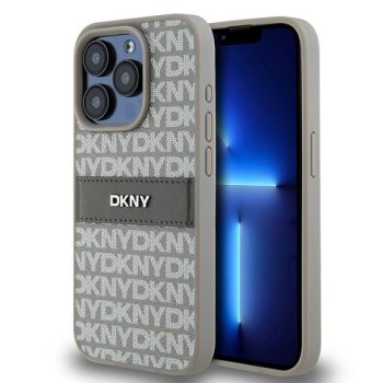 DKNY iPhone 15 Pro Max Case Leather Mono Stripe & Metal Logo, Beige