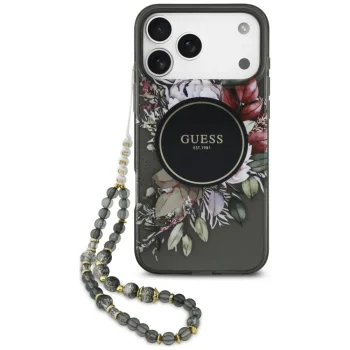 Guess IML Flowers Pearl Strap MagSafe ümbris iPhone 18 Pro Max / 17 Pro Max, must