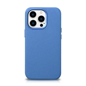 iCarer iPhone 14 Pro Max Litchi Premium Leather MagSafe Case, Light Blue