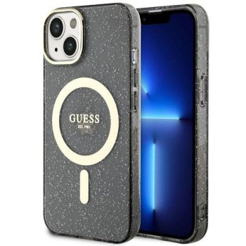 Guess iPhone 14 vāciņš Glitter Gold MagSafe, melns