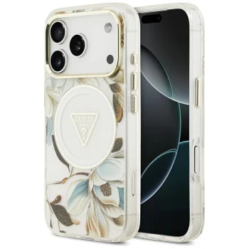 Guess IML Glitter Flowers Triangle MagSafe aizsargvāciņš iPhone 17 Pro — balts | Phone Case Cover