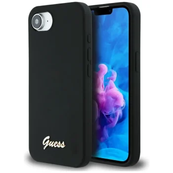 Guess Silicone Script Metal Logo MagSafe iPhone 16e vāciņš, melns