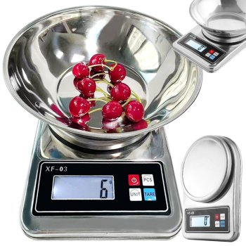 Electronic kitchen scale with metal bowl, 5 kg/1 g precision, silver