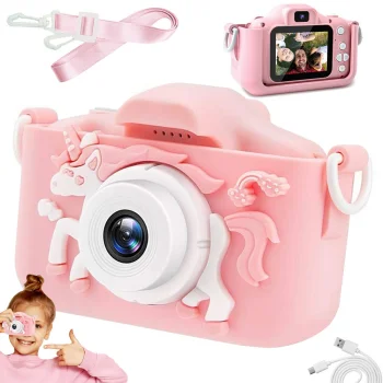 Bērnu Mini Fotoaparāts Digitālā Kamera ar Spēlēm Vienradzis, 1080P, Rozā | Children HD Digital Camera