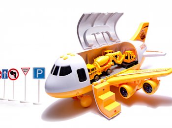 Bērnu Rotaļu Kravas Transporta Lidmašīna Transporteris + 3 Celtniecības Mašīnas | Kids Toy Transport Cargo...