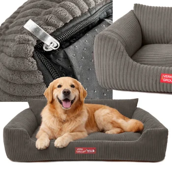 Pet Bed for Dogs and Cats with Raised Sides, Corduroy, Non-Slip Base, Size L, Beige