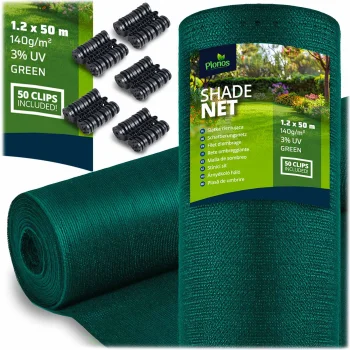 Plonos Shading Net 1.2x50m 140g/m² + 50 Clips, Green