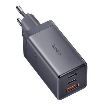 Tīkla lādētājs Baseus GaN5 2x USB-C + USB, 65W + 1m kabelis, pelēks