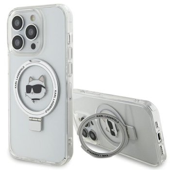 Karl Lagerfeld iPhone 15 Pro vāciņš Ring Stand Choupette Head MagSafe, balts
