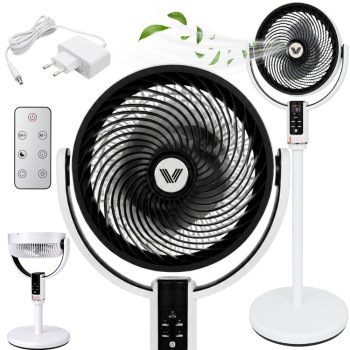 Regulējams grīdas ventilators ar LED displeju, pulti un oscilāciju, Balts/Melns