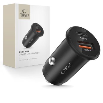 Tech-Protect CC02 35W auto lādētājs ar 2 portiem USB-C / USB-A – melns | Phone Car Charger