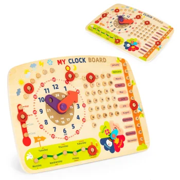 Koka izglītojošā tāfele bērniem kalendārs pulkstenis ECOTOYS