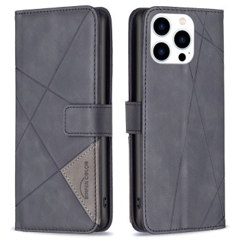 Apple iPhone 14 Pro 6.1'' Geometric Texture Wallet Stand Leather Phone Book Case Cover, Black | Telefona Vāciņš...