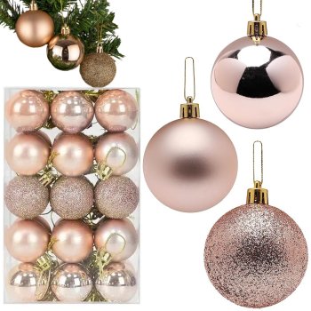 Christmas Baubles Set of 30, Shatterproof Ornaments, Rose Gold