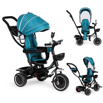 ECOTOYS Kids Tricycle with 360° Rotating Seat and Canopy, Blue-Green