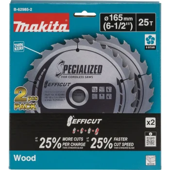 Ripzāģa asmeņu komplekts Makita B-62985-2 EFFICUT koksnei, 165x20 mm, 25T, 2 gab.