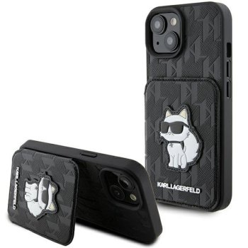 Apple iPhone 15 6.1" Karl Lagerfeld Saffiano Cardslots and Stand Monogram Choupette Case Cover, Black | Telefona...
