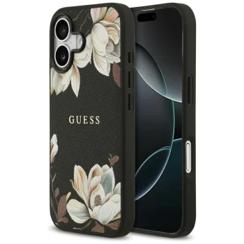 Guess Grained Flowers Classic Logo MagSafe vāciņš iPhone 17 - melns | Phone Case Cover Black