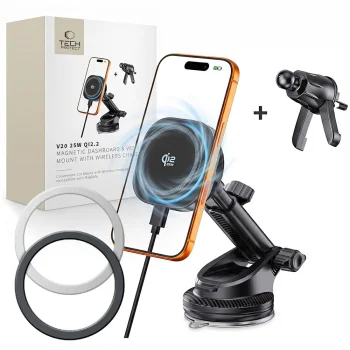 Tech-Protect V20 auto turētājs ar 25W Qi2.2 bezvadu lādētāju un MagSafe, melns