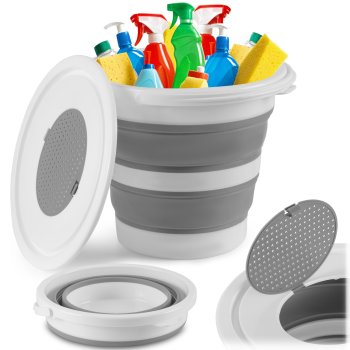 Massido MS-681 Collapsible Silicone Bucket with Lid and Strainer, 10 L, Grey