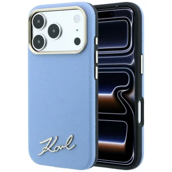 Чехол Karl Lagerfeld Saffiano Small Script MagSafe для iPhone 17/18 Pro Max, голубой