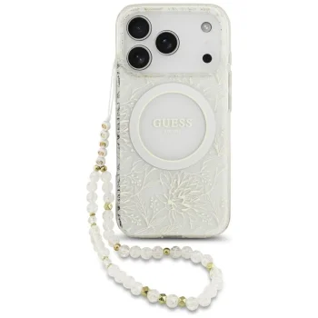 Guess IML Flowers Allover MagSafe vāciņš iPhone 18 Pro / 17 Pro ar pērļu siksniņu, balts