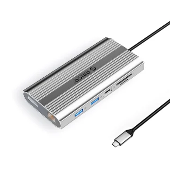 Orico XDR 12-in-1 USB-C dokstacija, 2x HDMI 4K 60Hz, DP, RJ45, PD 100W, sudraba