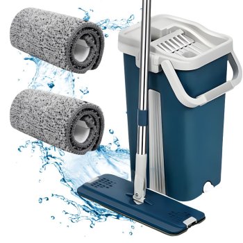 Flat Mop and Bucket Set with Wringer System for Floor Cleaning, 2 Microfiber Pads