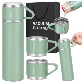 Ceļojumu termoss 400ml ar 3 krūzītēm nerūsējošais tērauds, zaļš