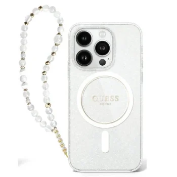 Guess IML spīdums ar pērļu siksniņu MagSafe iPhone 16 Pro korpuss - caurspīdīgs | Glitter With Pearl Strap Case...