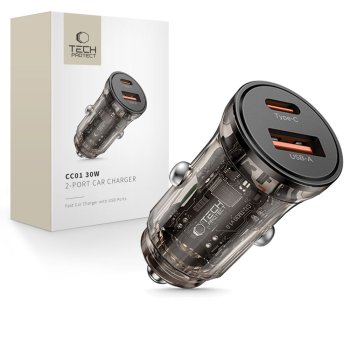Tech-Protect CC01 30W 2-portu USB-A / USB-C automašīnas lādētājs - melns | Phone Car Charger