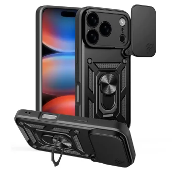 Hybrid Armor Camshield iPhone 17 Pro vāciņš ar statīvu un kameras aizsargu, melns