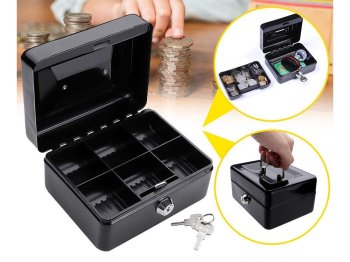 Metal Cash Box for Money and Documents, 15x12x8 cm, Black