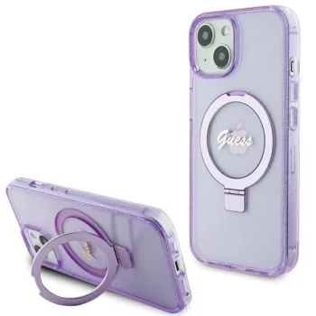Guess iPhone 15 Plus / 14 Plus vāciņš Ring Stand Script Glitter MagSafe, violets