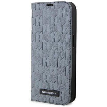 Karl Lagerfeld iPhone 14 Pro atverams vāciņš maciņš grāmatiņa Saffiano Monogram, sudraba