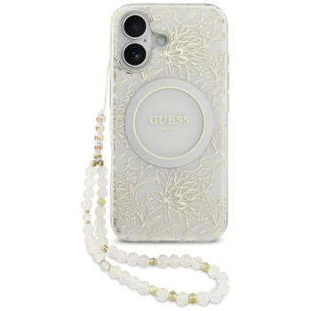 Чехол Guess IML Flowers Electro Pearl Strap MagSafe для iPhone 17, Белый
