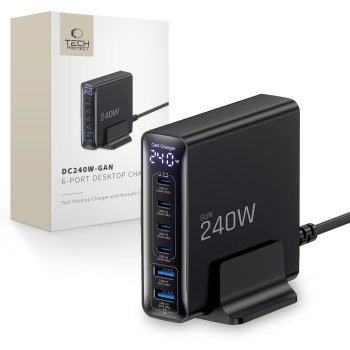 240W GaN Uzlādes Stacija Tech-Protect DC240W-GaN 6 Pieslēgvietas Melna