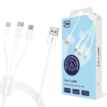 3mk 3in1 USB-A kabelis ar micro USB, Lightning un USB-C 1.2m 15W, balts