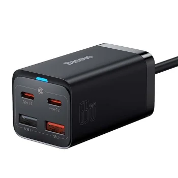 Baseus Quick Charger GaN3 Pro 2x USB + 2x Type C Portable Wall Charger Adapter 65W, Black
