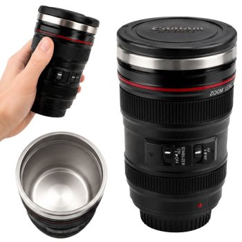 Camera Lens Thermal Mug, 400 ml, Black