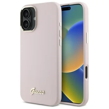 Чехол Guess для iPhone 16 Silicone Script Metal Logo & Frame, розовый