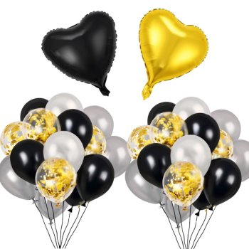 Birthday Party Balloon Set with Confetti Hearts 18 pcs, black gold