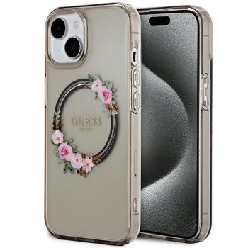 Guess iPhone 15 / 14 / 13 vāciņš IML Flowers Wreath MagSafe, melns