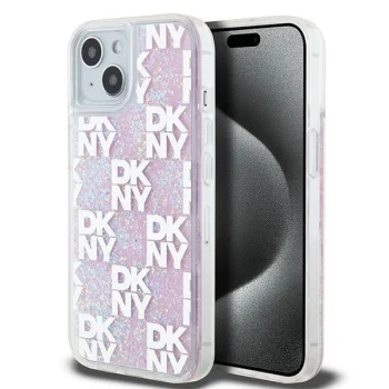 Чехол DKNY для iPhone 15 / 14 / 13 Liquid Glitter Multilogo, розовый