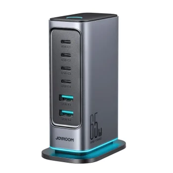 Joyroom JR-TCM02 GaN 65W lādētājs / uzlādes stacija 4xUSB-C 2xUSB-A ar Lielbritānijas kontaktdakšu – pelēks