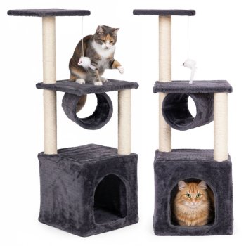 Kaķu koks Petsi ar mājiņu un skrāpējamiem stabiem, 94 cm aktivitāšu centrs, pelēks